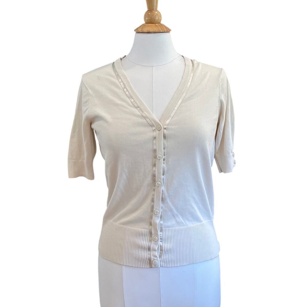 Vintage GAP Ivory Short Sleeve Cardigan Sweater, Satin Trim, Minimalist, 2004, L